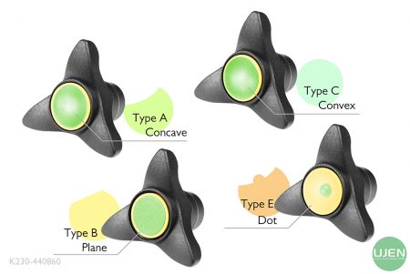 Cuatro formas diferentes (cóncava, plana, convexa y punto) con botones moldeados