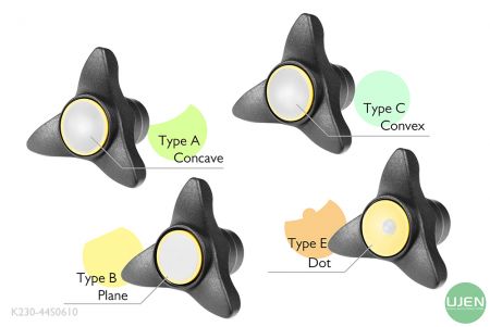 Cuatro formas diferentes (cóncava, plana, convexa y punto) con perillas moldeadas