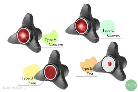 形状の異なる4つのタイプ(凹面、平面、凸面、ドット)を持つノブ