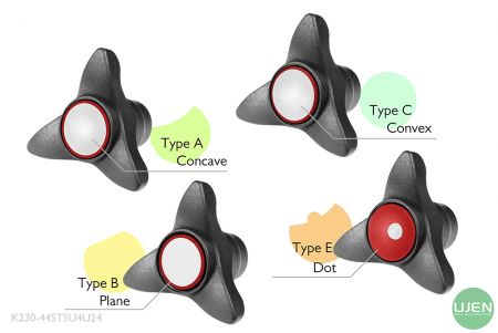 Cuatro formas diferentes (cóncava, plana, convexa y punto) con pomos moldeados.