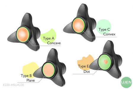 Cuatro formas diferentes (cóncava, plana, convexa y punto) con pomos moldeados.