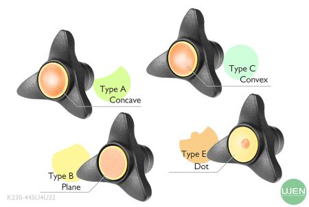 Cuatro formas diferentes (cóncava, plana, convexa y punto) con pomos moldeados.