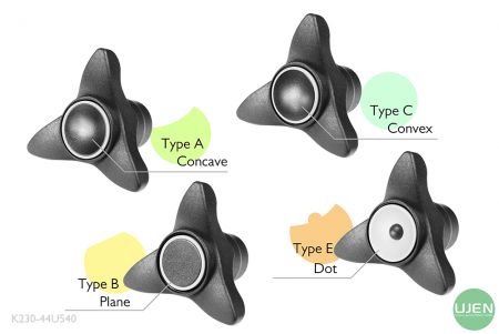 Cuatro formas diferentes (cóncava, plana, convexa y punto) con pomos moldeados.