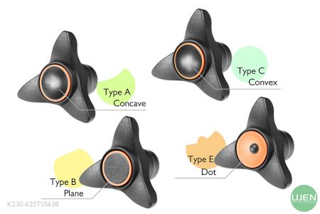Cuatro formas diferentes (cóncava, plana, convexa y punto) con perillas moldeadas