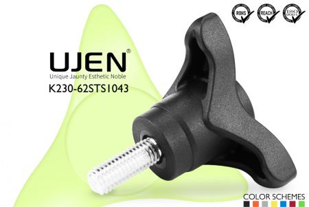 Pomo de plástico de tres brazos con tornillo de acero inoxidable, M10 x 43mm, D62 - Pomo triangular M10x43mm de acero inoxidable Diámetro62