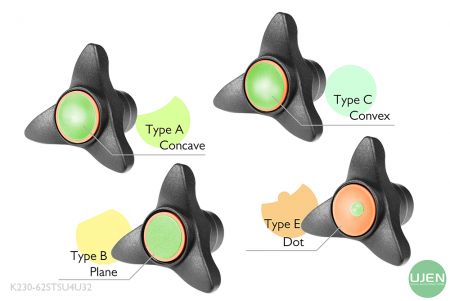 Cuatro formas diferentes (cóncava, plana, convexa y punto) con perillas moldeadas