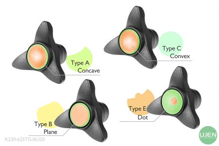 Cuatro formas diferentes (cóncava, plana, convexa y punto) con pomos moldeados