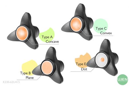 Four different shapes (concave, plane, convex and dot) with shaped knobs
