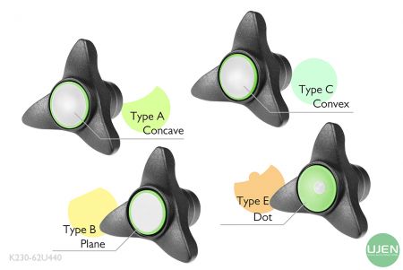 Cuatro formas diferentes (cóncava, plana, convexa y punto) con perillas con forma