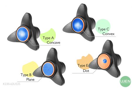 Cuatro formas diferentes (cóncava, plana, convexa y punto) con perillas con forma