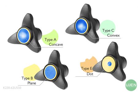 Cuatro formas diferentes (cóncava, plana, convexa y punto) con perillas con forma