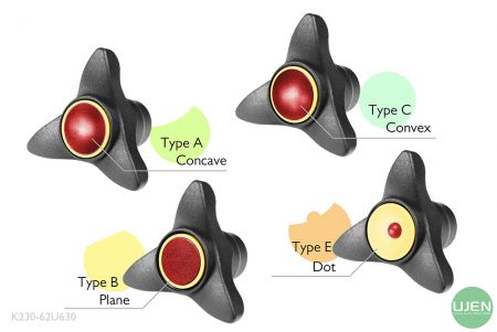 Cuatro formas diferentes (cóncava, plana, convexa y punto) con perillas con forma