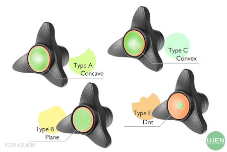 Cuatro formas diferentes (cóncava, plana, convexa y punto) con perillas con forma