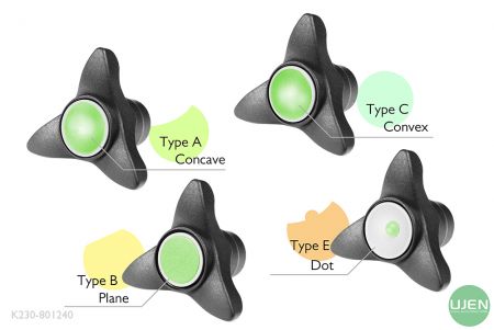 Cuatro formas diferentes (cóncava, plana, convexa y punto) con perillas con forma