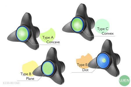 Cuatro formas diferentes (cóncava, plana, convexa y punto) con perillas con forma
