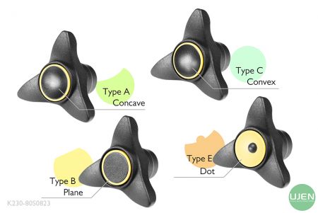 Cuatro formas diferentes (cóncava, plana, convexa y punto) con perillas con forma