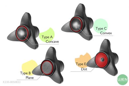 Cuatro formas diferentes (cóncava, plana, convexa y punto) con perillas con forma