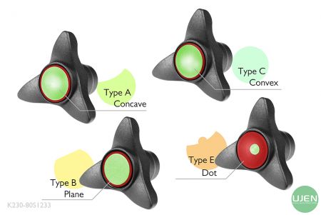 Cuatro formas diferentes (cóncava, plana, convexa y punto) con perillas con forma