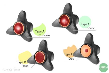 Cuatro formas diferentes (cóncava, plana, convexa y punto) con perillas moldeadas