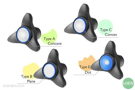 Cuatro formas diferentes (cóncava, plana, convexa y punto) con perillas con forma