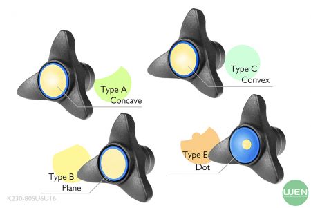 Cuatro formas diferentes (cóncava, plana, convexa y punto) con perillas con forma