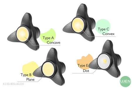 Cuatro formas diferentes (cóncava, plana, convexa y punto) con perillas con forma