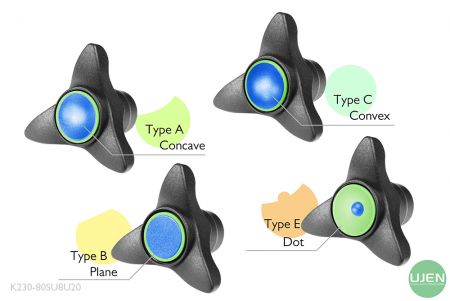 Cuatro formas diferentes (cóncava, plana, convexa y punto) con perillas con forma
