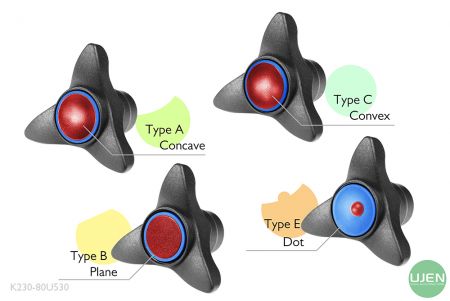 Cuatro formas diferentes (cóncava, plana, convexa y punto) con perillas moldeadas.
