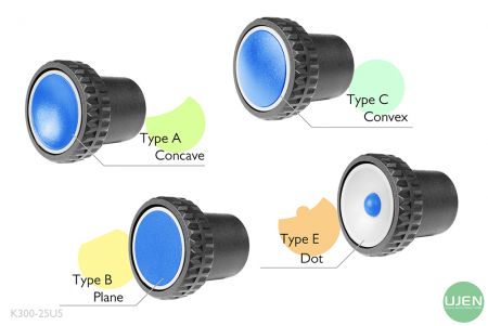 형태가 다른 네 가지 (오목, 평면, 볼록 및 점) 모양의 노브