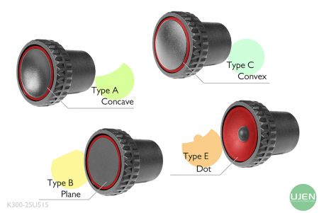 أربعة أشكال مختلفة (مقعرة، مستوية، محدبة ونقطة) مع مقابض مصممة.