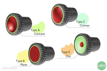 Cuatro formas diferentes (cóncava, plana, convexa y punto) con botones moldeados