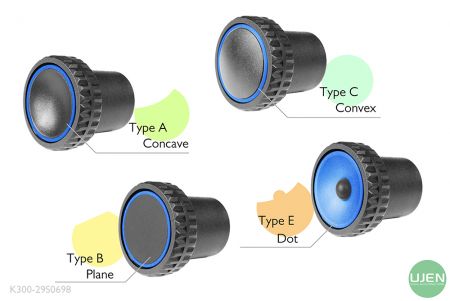 Cuatro formas diferentes (cóncava, plana, convexa y punto) con botones moldeados