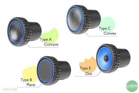 모양이 있는 노브가 있는 네 가지 다른 형태(오목, 평면, 볼록 및 점)