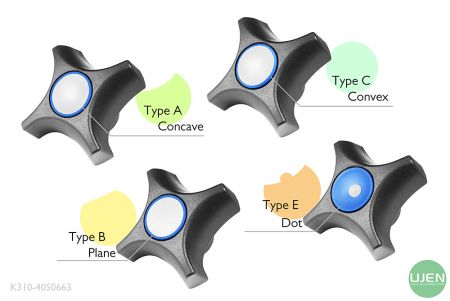 形状の異なる4つのタイプ(凹面、平面、凸面、ドット)と形状付きノブ
