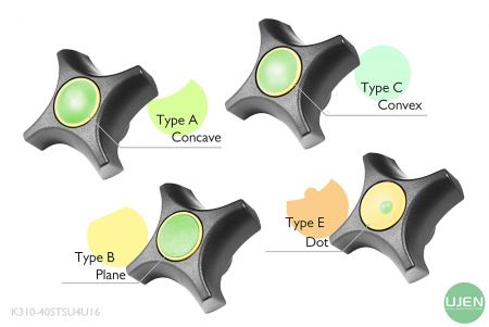 Four different shapes (concave, plane, convex and dot) with shaped knobs