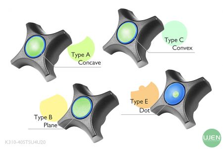 Four different shapes (concave, plane, convex and dot) with shaped knobs