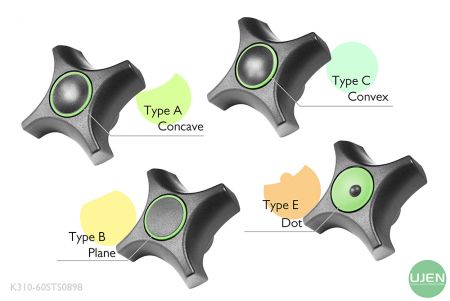 Cuatro formas diferentes (cóncava, plana, convexa y punto) con pomos moldeados