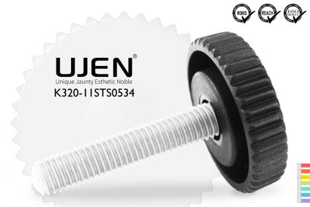 Perilla plana estriada de plástico con tornillo de acero inoxidable, M5 x 34mm, D11 - Perilla estriada M5x34mm acero inoxidable Diámetro11