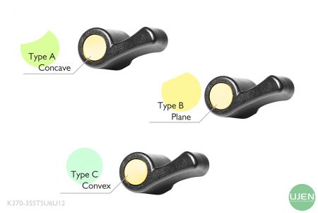 Drei verschiedene Formen (konkav, plan und konvex) mit geformten Knöpfen