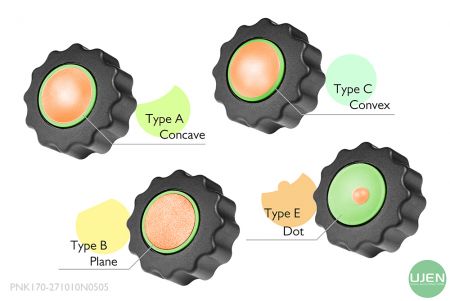 Cuatro formas diferentes (cóncava, plana, convexa y punto) con perillas moldeadas