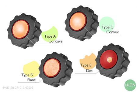 Four different shapes (concave, plane, convex and dot) with shaped knobs