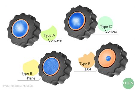 形状の異なる4つの形(凹面、平面、凸面、点)と形状付きノブ