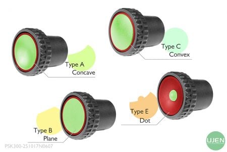 Four different shapes (concave, plane, convex and dot) with shaped knobs