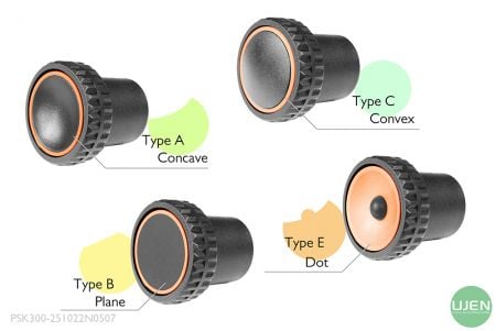 Four different shapes (concave, plane, convex and dot) with shaped knobs