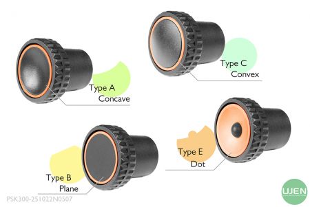 Cuatro formas diferentes (cóncava, plana, convexa y punto) con perillas con forma