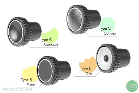 Four different shapes (concave, plane, convex and dot) with shaped knobs