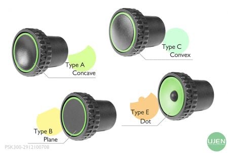 Four different shapes (concave, plane, convex and dot) with shaped knobs