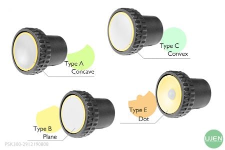 Four different shapes (concave, plane, convex and dot) with shaped knobs