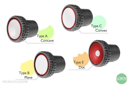 Four different shapes (concave, plane, convex and dot) with shaped knobs