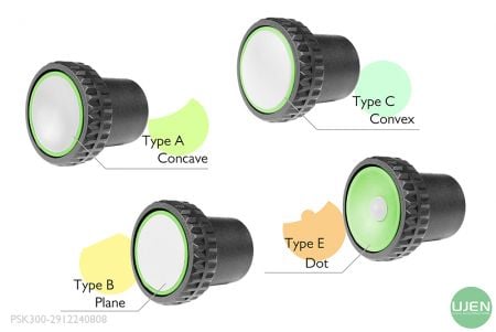 Four different shapes (concave, plane, convex and dot) with shaped knobs